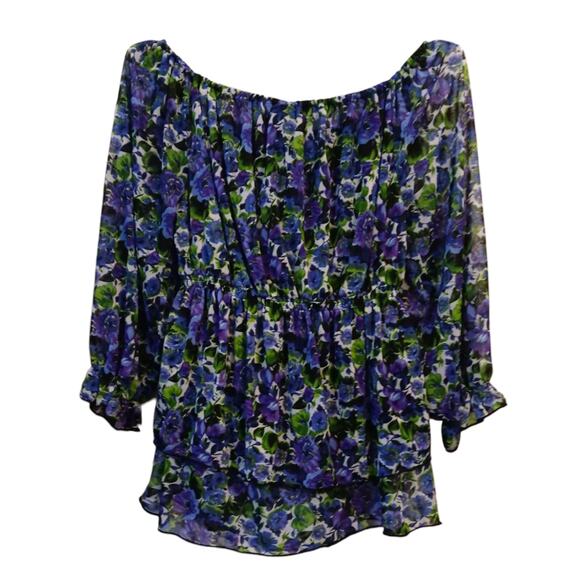 Y2K VINTAGE Ruffled Blouse Top L Floral Purple Green Whimsigoth Cottage Coquette - Picture 2 of 12